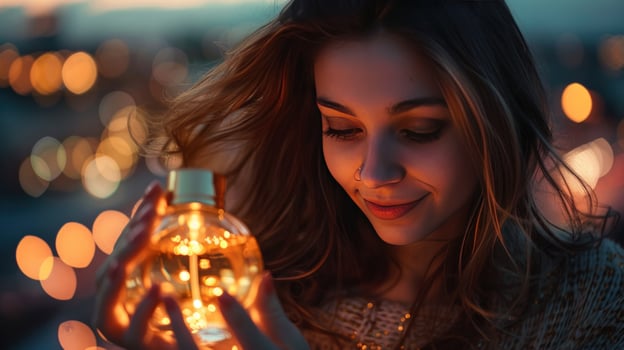 Woman holding luminous bottle in soft evening light portrait photo