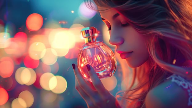 Elegant woman holding pink perfume bottle with bokeh background photo