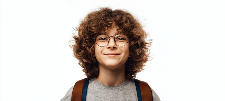 The student with curly hair and glasses wearing a backpack smiling on white background photo