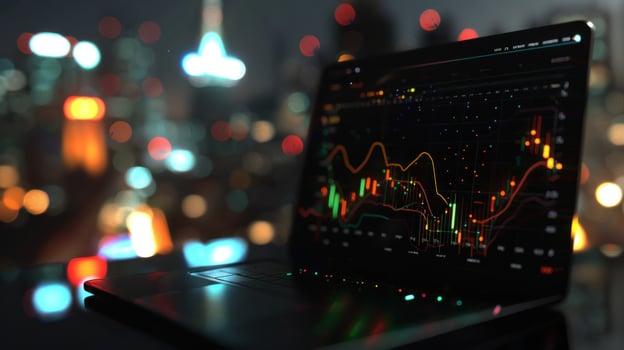 Stock market graph displayed on laptop screen with blurred city lights photo