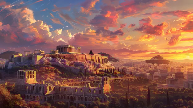 Ancient city skyline at sunset with classical architecture and crumbling stone structures photo
