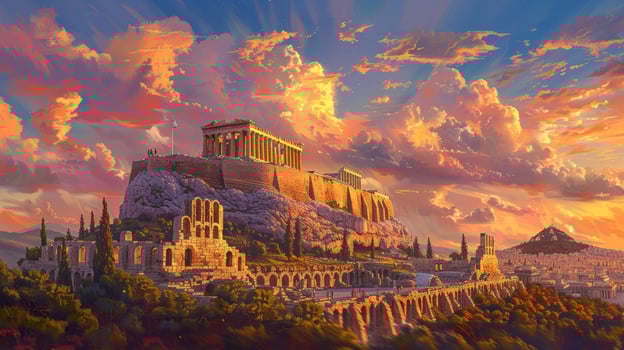 Ancient monument amidst dramatic sky overlooking city landscape photo