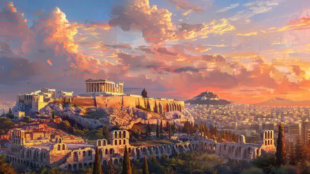 Ancient architecture overlook during sunset historic city landscape photo