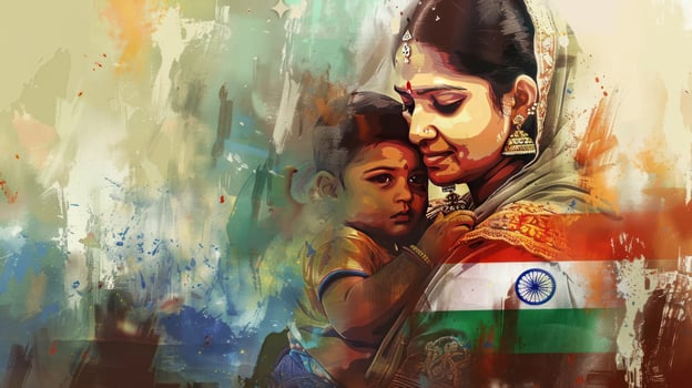 Artistic mother and child portrait illustration with cultural garment and flag detail photo