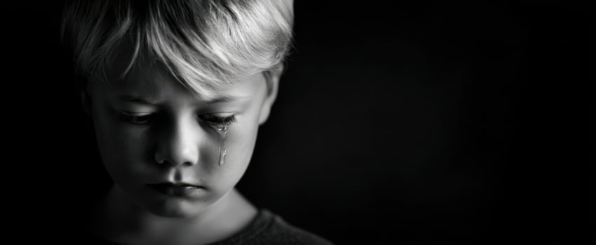 The Child with a Tear on the Cheek in a Moody Black and White Portrait photo