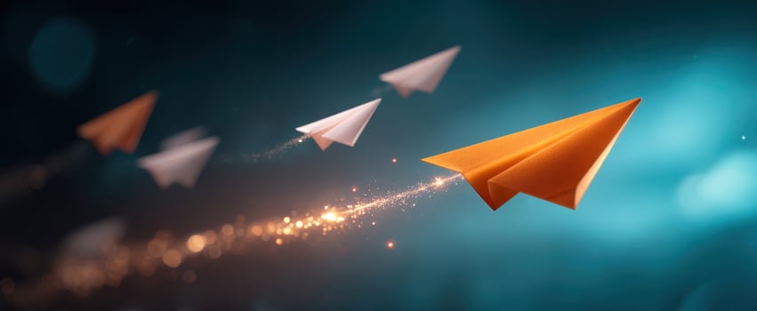 The Orange Paper Airplane Leading a Trail of Sparkling Light Across a Dreamy Blue Sky photo