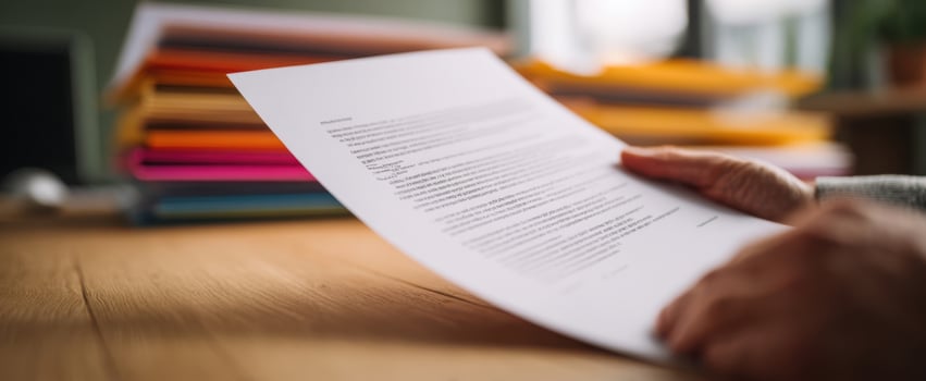 The Document on a Wooden Desk with Colorful File Folders in Background photo