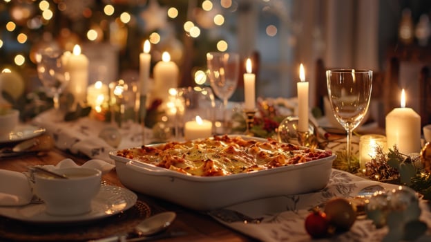 Festive meal with candles and baked food photo