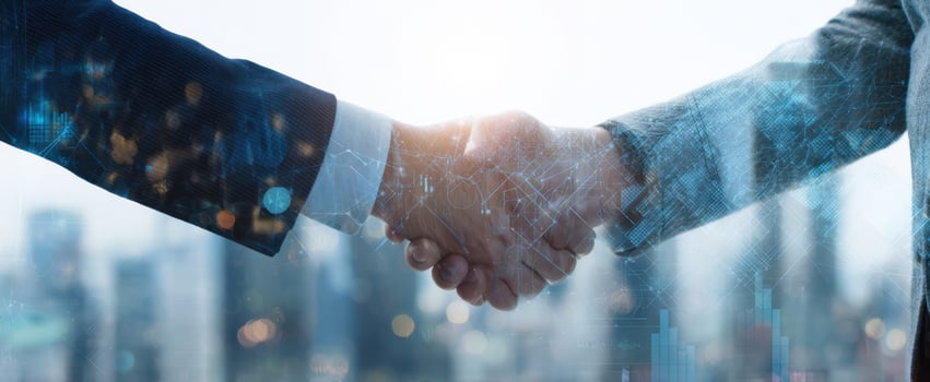 The Handshake Sealing a Futuristic Business Partnership Over a Cityscape Background photo