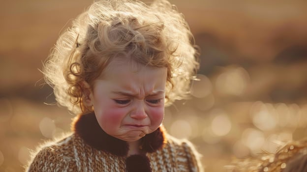 Emotional portrait of sad child with tears and curly hair conveying vulnerability and distress photo