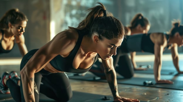 Fitness training class performing floor exercises in gym photo