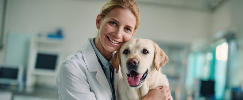 The Labrador Dog and Caring Veterinarian Embracing in a Bright Modern Animal Clinic photo