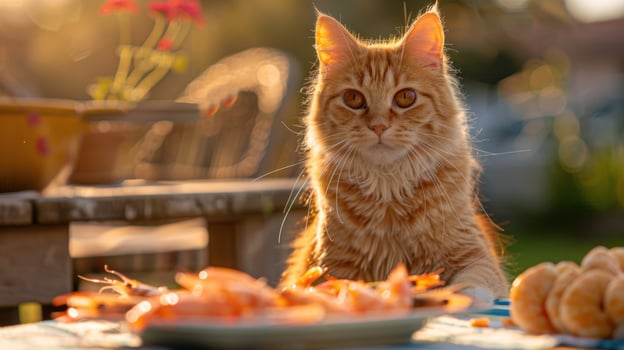 Ginger cat posing with shrimp and donuts in warm sunlight outdoors photo