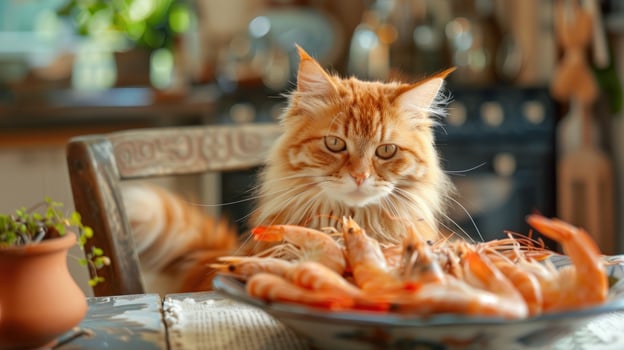 Cat and shrimp still life featuring domestic pet looking at food in indoor setting photo
