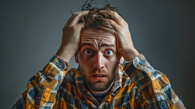 Worried man grabs head in distress expressing anxiety and concern photo