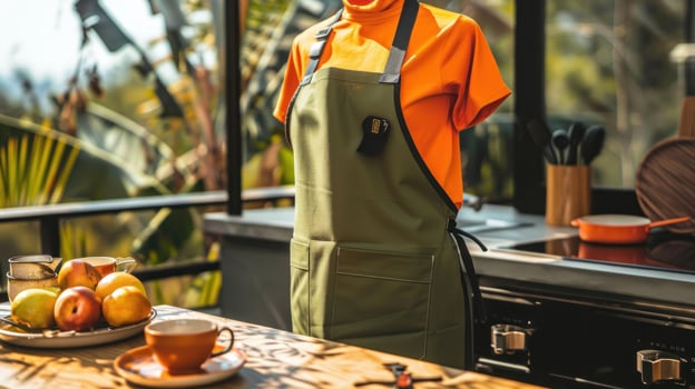 Kitchen scene with apron fruit and tea still life photo