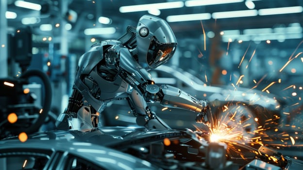 Automated robotic system performing industrial welding task with sparks photo