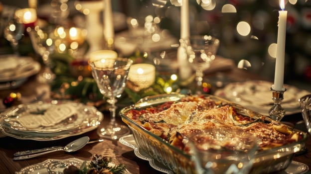 Festive holiday dinner table with lasagna and candlelight photo