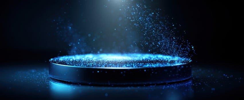 The Circular Platform Bathed in Blue Light with Floating Particle Effects photo