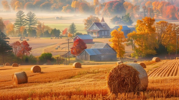 Hay bales in golden field rural autumn landscape photo
