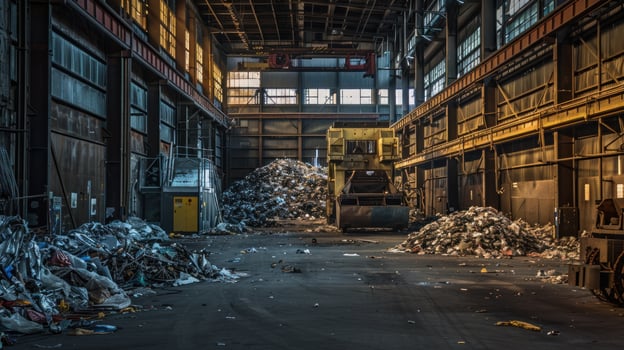 Abandoned factory interior with industrial waste and metallic structures photo