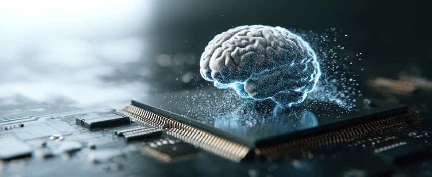 The Brain Hologram Floating Above a Computer Chip Representing Artificial Intelligence Integration photo