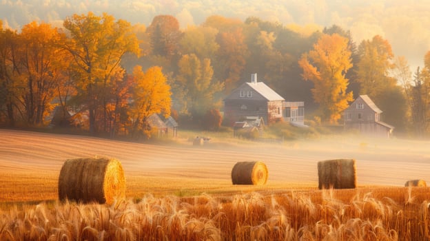 Golden autumn field with hay bales and misty countryside landscape photo