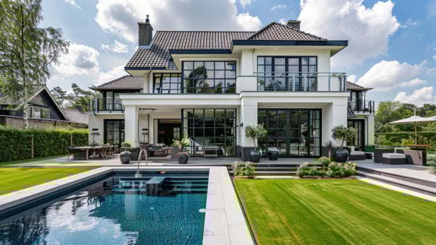 Contemporary home with pool and lawn modern architecture real estate design photo