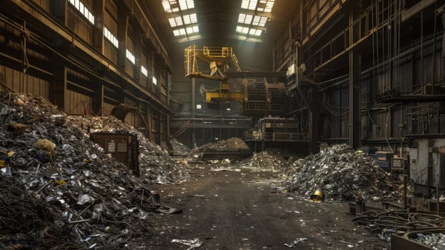 Industrial scrap metal piles inside factory photo
