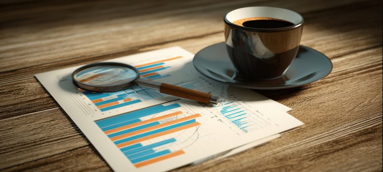The coffee cup on a report with magnifier and pen on wooden table photo