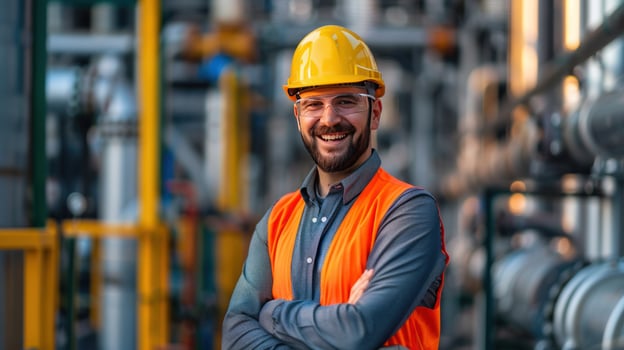 Industrial worker in hard hat and safety vest at work inside factory photo