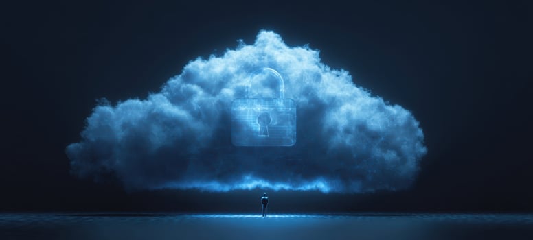 The Cloud of Digital Security with Glowing Padlock Over a Small Silhouette photo