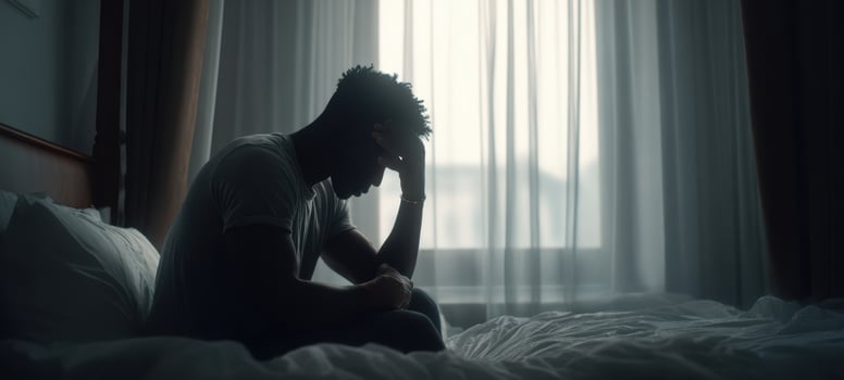 The Man Sitting on Bed in a Dimly Lit Room Deep in Thought photo