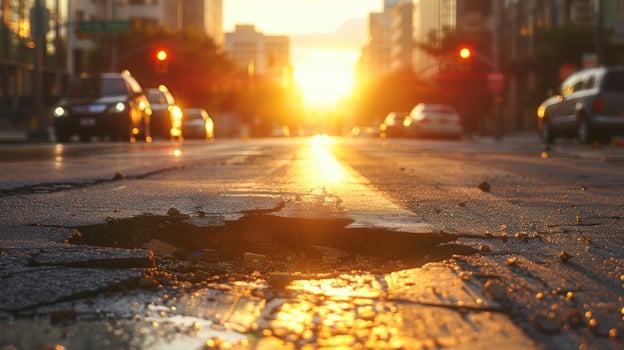 Urban road damage pothole disrepair in city street sunlight photo