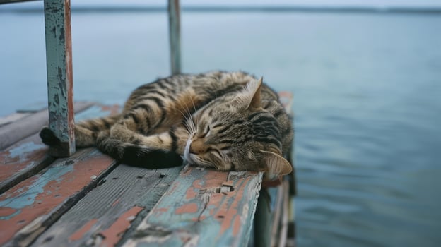Tabby cat resting peacefully on wooden dock by the water photo