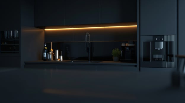 Dark modern kitchen interior with minimalist design and contemporary lighting photo