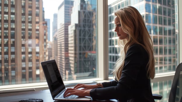 Woman typing on laptop with cityscape view business technology photo