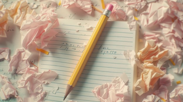Pencil on notepad with pink crumpled paper creative writing process photo