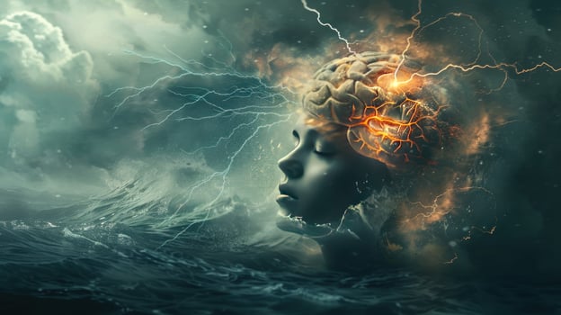 Brainstorm concept image featuring lightning striking a human brain amidst stormy seas and sky photo