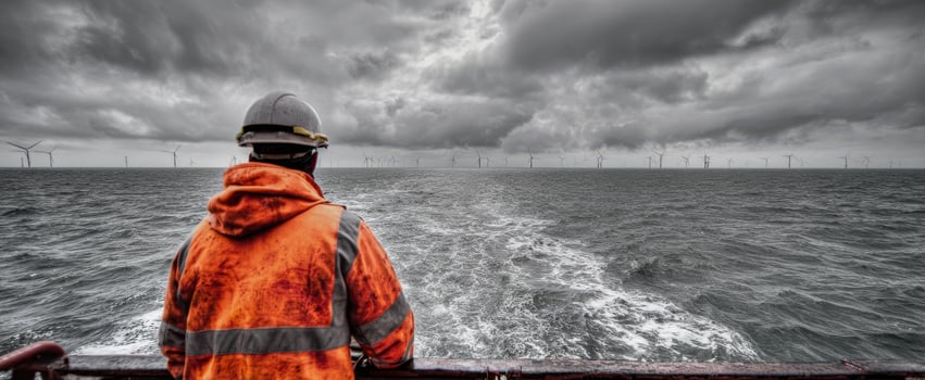 The offshore worker looking at distant wind farm under stormy sky from vessel photo
