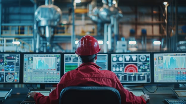 Industrial worker monitors factory process on multiple screens photo