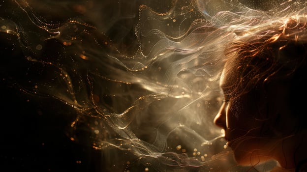 Ethereal portrait with abstract light streaks and dreamlike aura photo