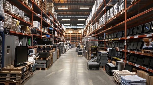 Electronic equipment storage in warehouse shelf and inventory management photo