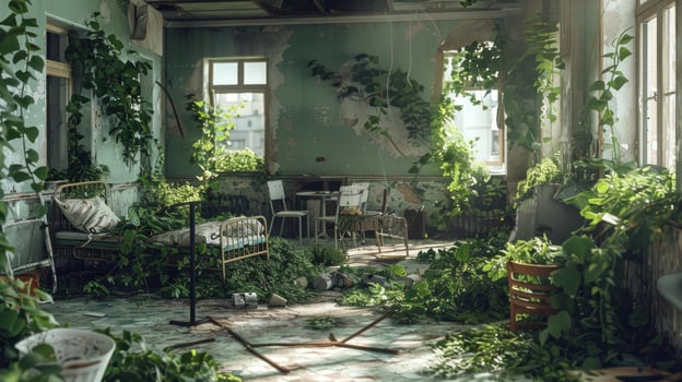 Nature reclaiming interior space with vibrant plant overgrowth and light photo