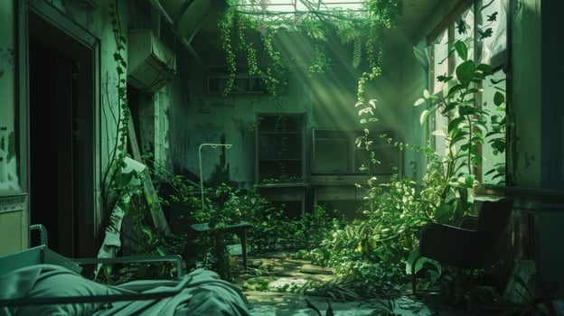 Nature reclaims abandoned building interior with overgrowth and sunlight photo