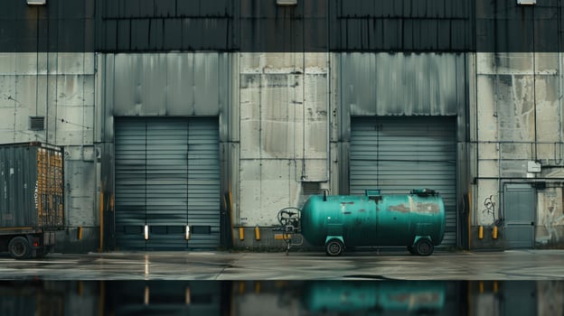 Industrial building exterior with rolling doors and tank photo