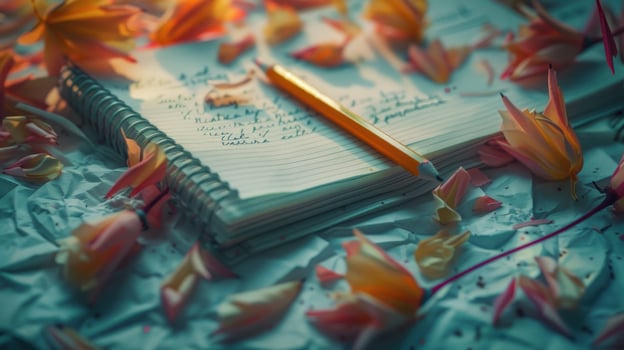 Notebook with pencil and flower petals on textured paper open journal composition photo
