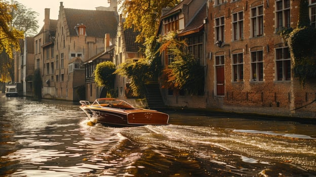City river scene with boat amidst historical architecture waterscape photo