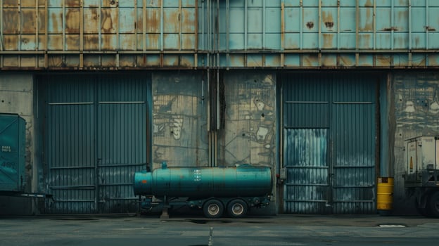 Industrial building exterior with large metal doors and storage tank photo