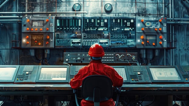 Industrial control room with operator monitoring digital systems photo